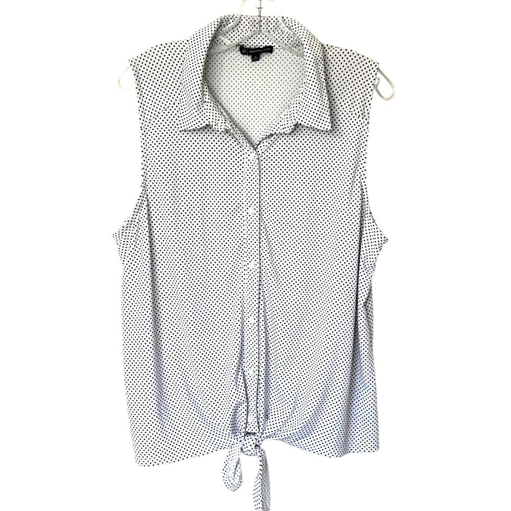 Adrianna Papell Wms XL White Black Dot Sleeveless Button Up Tie Front Blouse